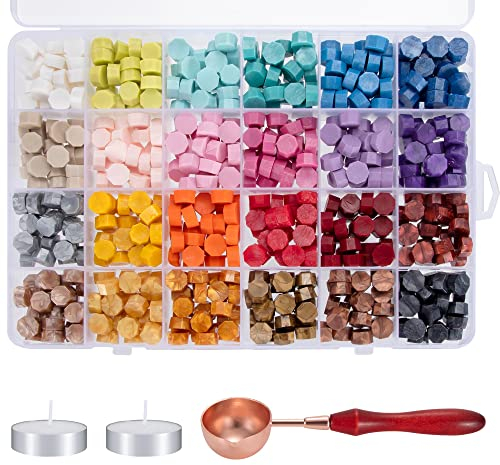 Siegelwachs Perlen Set, Siegelstempel 24 Farben Achteckig mit 1 Löffel und 2 Weißen Kerzen für DIY Wachs Umschlägen Briefe Hochzeitseinladungen Karten (600 Stück)