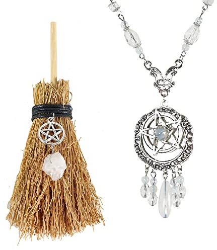 Soulnioi Crystal Witch Mini Broom Straw Broom with Crystal Pendant Decoration and Opal White Magic Necklace