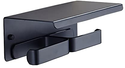 SXLSZ Double Porte-Papier Toilette avec Étagère Support Papier Toilette Mural Derouleur Papier Toilette Espace Aluminium Porte Rouleau Toilette, Noir