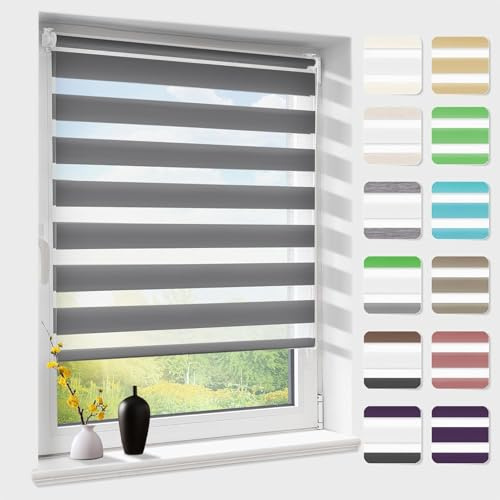 Doppelrollo klemmfix ohne Bohren, Duo Rollos für Fenster & Tür mit Bohren, Anthrazit B100 x H140cm (Stoffbreite 100 cm), Fensterrollo lichtdurchlässig & verdunkelnd, Klemmrollo Sonnenschutz