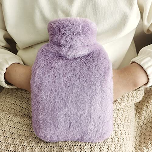 Wärmflasche mit Flauschige Bezug - Kuschelweichem Wärmeflasche mit Handwärmer, Bettflasche für Frauen Männer Kinder Warmflasche mit Bezug Zur Schmerzlinderung,Violett,2L
