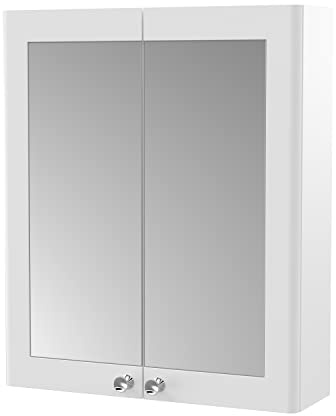 nuie CLA117 Classique Traditional Bathroom Wall Hung 2 Door Mirror Cabinet, 600mm, Satin White