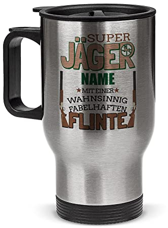 Tassendruck Edelstahl-Thermobecher selbst gestalten mit Name - Super Jäger mit Flinte - Coffee to Go Becher, Jäger Geschenke, Jagd Zubehör, Waidmannsheil | Personalisiertes Geschenk, 390 ml
