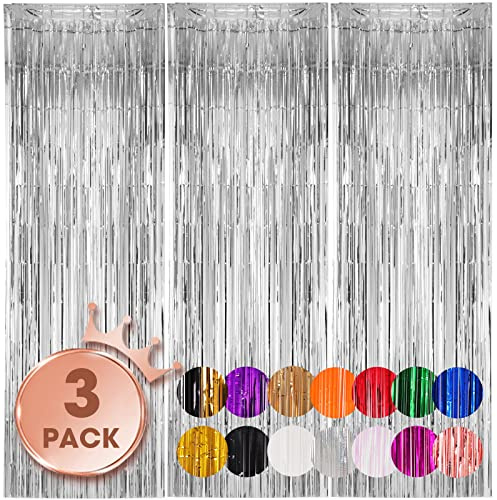 Voircoloria Silver Foil Fringe Backdrop Curtains, 3.3x8.2ft, 3 Pack