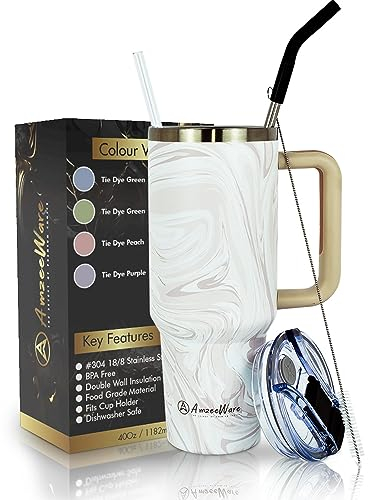 AmzeeWare 40oz Insulated Tumbler with Handle and Straw, Leak-Resistant Lid for Optimal Hot & Cold Beverage Experience, Premium Stainless Steel: Reusable Vacuum Quencher Tumbler (Fluid Pink)