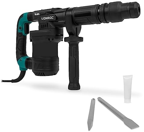 VONROC PRO Martello demolitore 1200W - 6kg - Impatto: 14 Joule - Velocità di impatto: 3100 p/m - Cavo da 5 metri – Include impugnatura laterale, scalpello a punta, scalpello piatto e lubrificante
