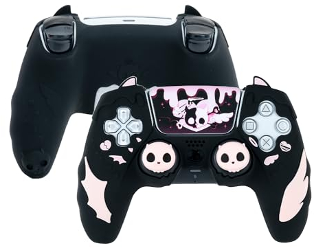 GeekShare Niedliches PS5-Controller-Hautgriff-Set, rutschfeste Silikon-Haut-Schutzhülle, Joystick-Kappen für PS5 Wireless Controller-Zubehör-Set, Totenkopf (Schwarz)