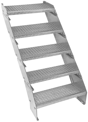 Escalier Caillebotis à 5 marches 600mm x 240 mm - Acier Galvanisé DIN 24537 - Hauteur totale 1000mm - Maille 20 x 25 mm - Résistant à la Corrosion EN ISO 1461 - Construction Bâtiment Sortie de Secours