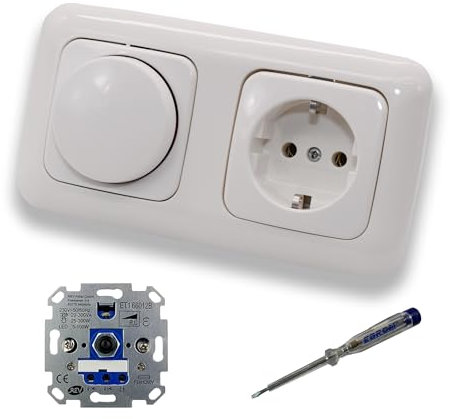 REV Ritter LED Drehdimmer Dimmer + Busch Jäger Dimmerscheibe 2115-214 und Steckdose mit Kinderschutz 20EUCKS-214 in Reflex Si alpinweiß glänzend + EBROM Phasenprüfer zur Montage der Geräte ET1 66012B