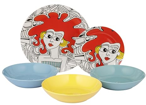 Baroni Home Servizio di Piatti da 18 pezzi in Porcellana e Gres, Servito da Tavolo Colorato per 6 Persone, Piatto Fondo, Piano, da Frutta o Dolce, Fantasia Capelli Rossi