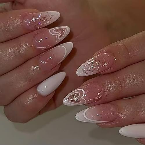press on nails-BL18,MouyouGlow Press on Nails Kurz,Almond Nude Rosa Gradient Weiss Herz Glitter Sweet Fairy Valentine Love Fake Nails mit Nagelkleber,Pink Ombre White Künstliche Fingernägel