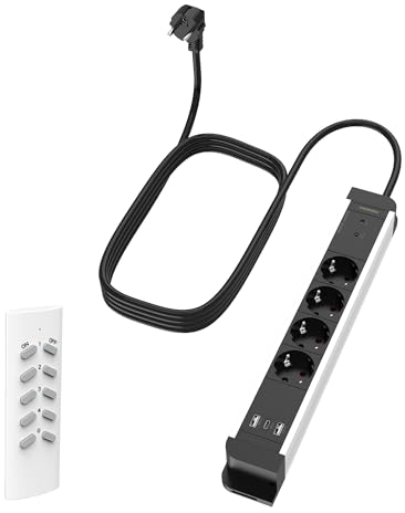 UCOMEN 4 Fach Steckdosenleiste mit Fernbedienung, 30m Reichweite,Funk Mehrfachsteckdose mit 17W Schnellladegerät USB A und USB C, 1,5m Kabel, 16A/3680W, Schwarz & Weiß