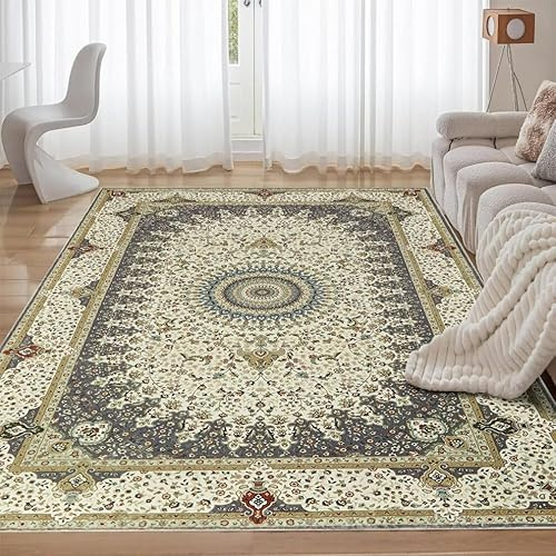 Aspire Homeware Traditional Living Room Rugs Large 160 x 230 - Grey Vintage Oriental Area Rugs – Classic Faux Fur Short Pile Cashmere Rug for Bedroom Easy To Clean (Willow Grey)