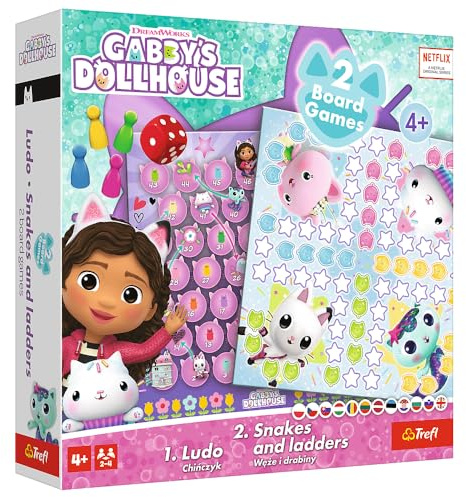 Trefl - Chinesisch, Schlangen und Leitern: Gabby's Dollhouse - 2in1 Spiel, Family Classic Brettspiel mit Helden Märchen Katzen Haus Gabi, Doppelseitige Board, Einfache Regeln, Für Erwachsene und