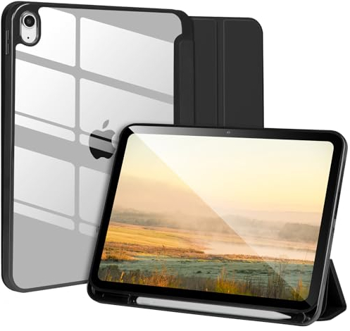 Custodia compatibile con iPad 10° Gen 2022 10.9'', custodia rigida trasparente antiurto con portapenne, custodia per tablet per iPad 10° Gen 10.9'' con funzione di spegnimento automatico, nero