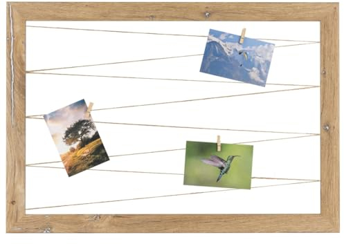 CLAMARO 'Neo Collage Line' Fotohalter 80x60 cm | Eiche Vintage Silber | Querformat Bilderrahmen mit Fotoleine aus Juteband und Holzklammern | Ideal als Fotocollage Galerie, Fotowand oder Fotorahmen
