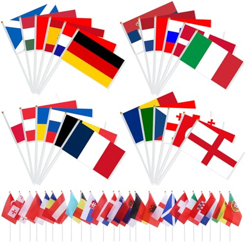 AhfuLife Petit Drapeau 24Pays Européen avec Hampe, 14 x 21cm petit Drapeaux Europe 24 Pays avec Mât Blanc de 30cm pour Celebration Eurovision 2025 Euro Football Match Coupe du Monde Décor Jardin Bar