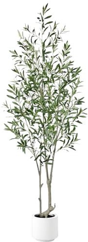 Keeplush 7ft Artificial Olive Tree with 1008 Lifelike Olive Leaves and 72 Fruits, Tall Silk Plants in White Pots for Living Room, Bedroom, Balcony, Corner, Office Decor