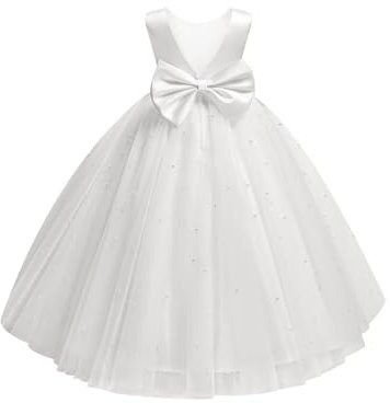 Dypaha Tulle Flower Girl Dress White Pearls Kids Satin Bow Wedding Guest Long Dress Pageant Birthday Party Princess Ankle Length Holiday Evening Dress 8T