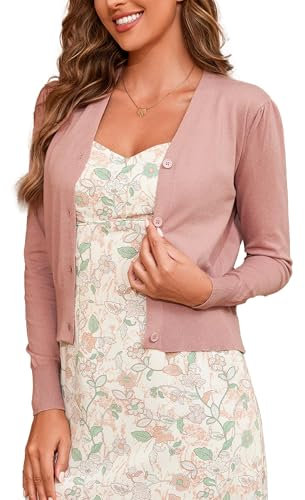BERESIA Cardigan à Manches Longues Et Col en V pour Femme, Cardigan Court en Tricot Léger Et Doux pour Femme, Brun Rosé, L