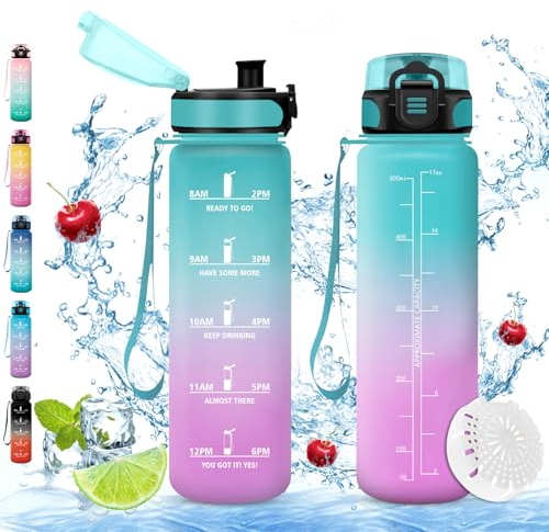 Vikaster Gourde eau, Gourde 0.5Litre, sans BPA, Étanche & Réutilisable, Bouteille d'eau avec Marqueur de Temps et Filtre, Convient Pour la Bureau, Gym, Yoga, Camping, Sport, Gourde Randonnée