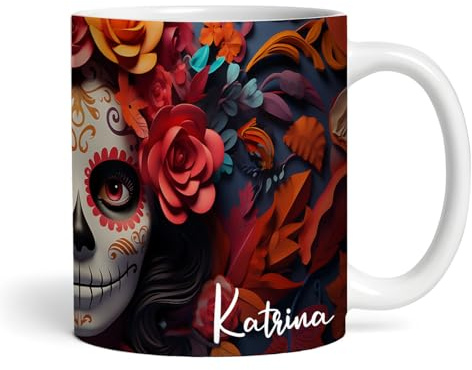Catrina Day of The Dead Name Orange Floral Tea Coffee Cup Gift Personalised Mug - Gift for Birthday, Gift for Christmas, Custom Personalised Gift, Coffee Mug, Tea Mug, Cup
