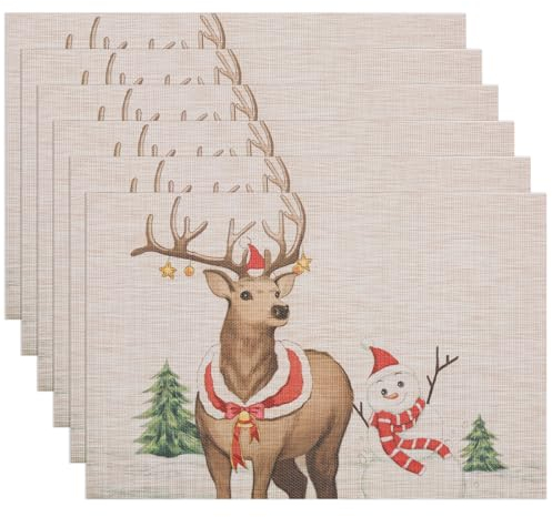 Banchif Tischsets Weihnachten Das Tischset Ist Mit Schneemann, Rentier Motiv Abwaschbar rutschfest Abgrifffeste Hitzebeständig PVC Platzsets Tischdeko Weihnachten Tischsets Set of 6 (45 x 30 cm)