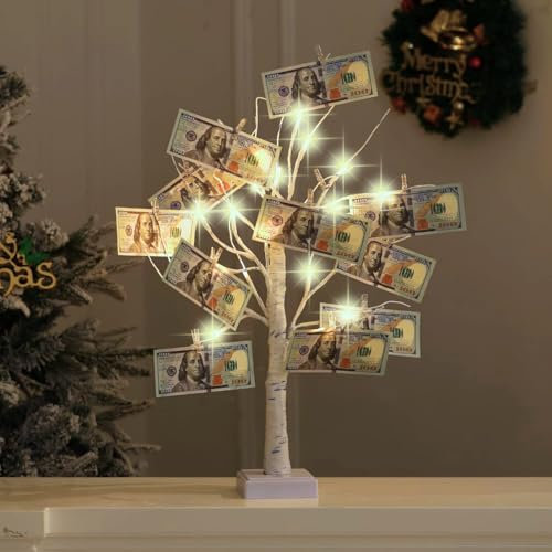 Nakolulu Money Tree Gift Card Holder 24 LED Birch Tree Lamp Battery/USB Powered Light Up White Trees Gift Card Holder with 22 Clear Clips for Photo Birthday Fall Thanksgiving Halloween Christmas