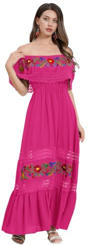 EFOGEP Damen Mexikanisches Kleid Boho Blumen Maxikleid mit Gürtel | Mit Carmen-Ausschnitt, floralem Muster und femininem Stufenrock für Urlaub, Strand und besondere Anlässe