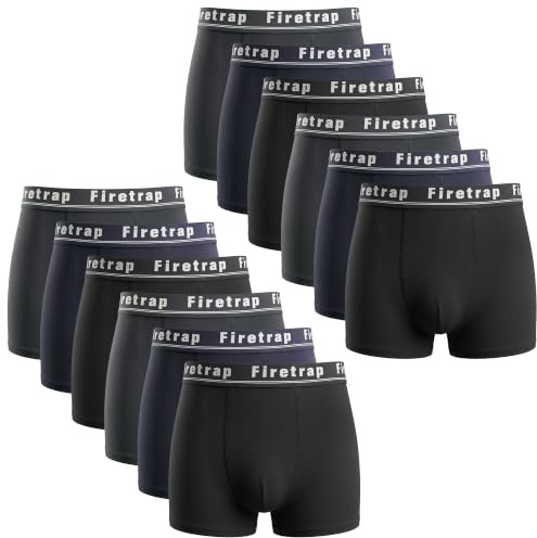 Firetrap Mens 12 Pack Designer Boxer Shorts, Underwear Gift Set Trunks Comfortable Stretch Cotton Plain Colours Mens Briefs Black, Blue, Grey L