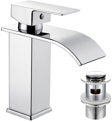 Peppermint Robinets de lavabo cascade avec fente pop-up robinet mitigeur d'évier de salle de bain carré monobloc 1 trou avec tuyaux G1/2 robinets modernes de vestiaire mono