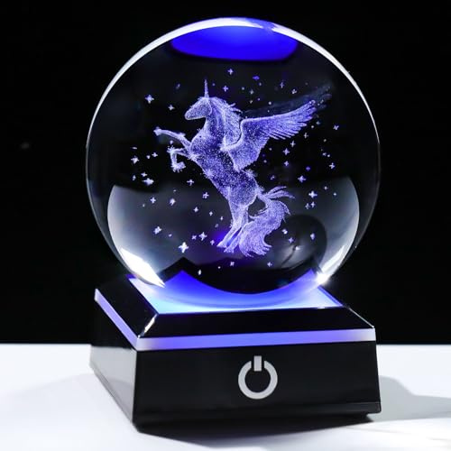 Enjinkail Bola de cristal de unicornio 3D, regalos para mujeres, unicornios grabados con láser, decoración de luz nocturna para dormitorio de niñas, adultos o niñas