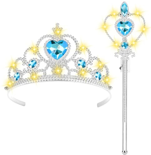 HOTUT Princesse Dress-Up Accessoires, 2 pièces Accessoires de Fête d'habillage de Princesse, avec LED Lumineux Diadème/Baguette Magique, Parfait pour Cosplay Noël Fête