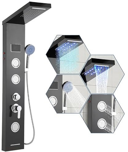 Fiqops Panel de ducha de acero inoxidable con grifo, 5 funciones con indicador de temperatura LED, lluvia y cascada, chorros de masaje, ducha de mano y entrada de bañera, panel de ducha