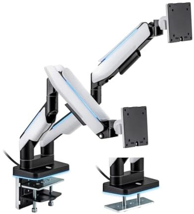 Electriq Premium Gaming Dual Monitor Arms with RGB Lighting – Adjustable Desk Mount for 17–35” Screens, Full Motion Tilt Swivel Rotation, VESA 75x75/100x100, Cable Management – Matte Black & White