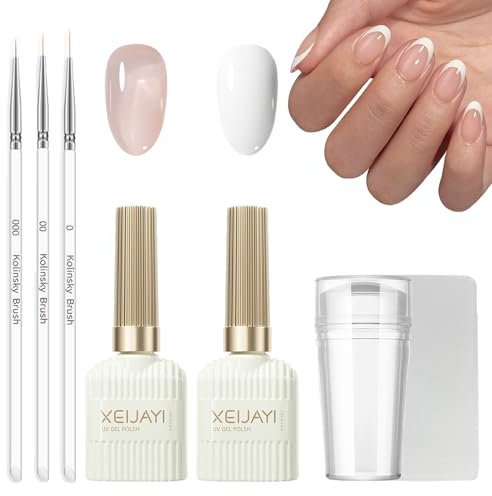 French Manicure Kit - Jelly Nude White Gel Nail Polish Set for French Tips - Gel French Manicure Kit with 3pcs Nail Art Brushes and Stamper - Soak Off Uv/Led Nail Polish Set for Women