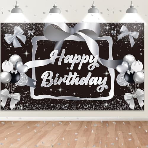Schleife Geburtstag Banner Schwarz Silver,BTZO Happy Birthday Hintergrund Banner Geburtstagsbanner für Mädchen Frauen Baby Geburtstagsdekoration