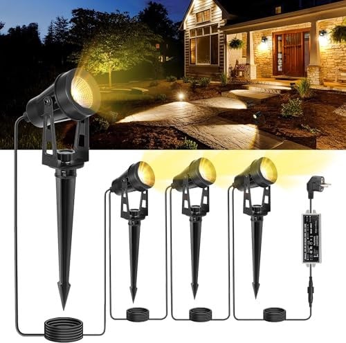 HUAEU LED Gartenbeleuchtung mit Strom,14M 4-in-1 Bodenstrahler, 3000K Warmweiß, 12V IP65, Gartenstrahler LED Außen Wasserdicht, mit Stecker für Draußen,Terrasse, Gartenweg,Bäume, Rasen, Erdspieß