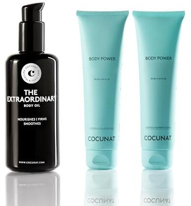 COCUNAT Body Power + Dehnungsstreifen-Öl Straffendes Körperpflegeset | Anticellulite-Gel mit Koffein und Rotalgen + 3-in-1-Öl mit Hagebutte, Argan und Mandeln. Toxic Free.
