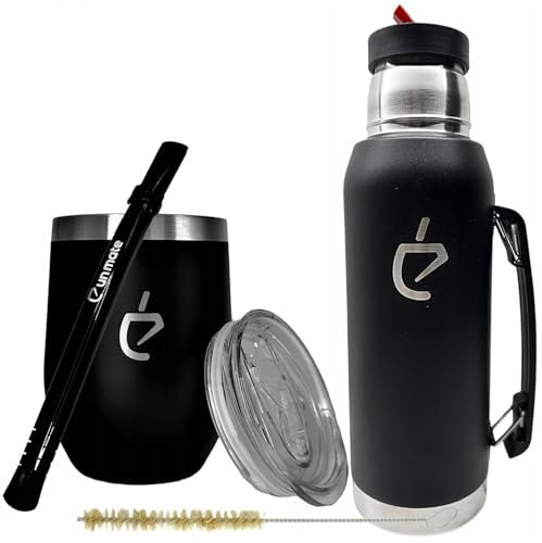 Un Mate – Set completo de iniciación Yerba Matero térmico de acero inoxidable con tapa (350 ml), bombilla negra, termo de 1 L, cepillo de limpieza y elegante caja, sin BPA