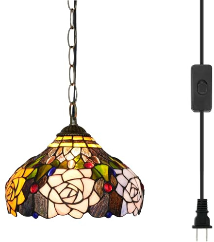 Tiffany Pendelleuchte Rose Blumen Buntglas Hängelampe 12 Zoll Antik Stil Plug in Licht für Haus Küche Insel Esszimmer Wohnzimmer Flur Theke Bar