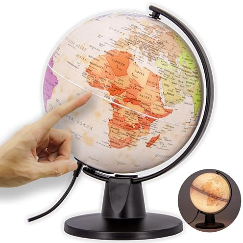 ORBIT Globes & Maps - Retro-Globus - 16cm Mini-Leucht-Globus im antiken Vintage-Stil mit stabilem, schwarzem Standfuß, Kartenbild 2025 politisch mit LED Leuchte, aktuelles deutsches Kartenbild