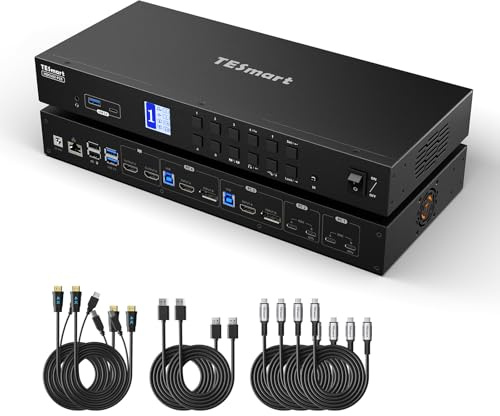 TESmart 4K@60Hz Dual Monitor KVM Switch for 4 Computers, Hybrid HDMI+DP+USB-C Ports | 100W Charging, Gigabit Ethernet, MST Single-Cable, Privacy Lock | Win/Mac/Linux/for Office & Gaming(HDC402-P23)
