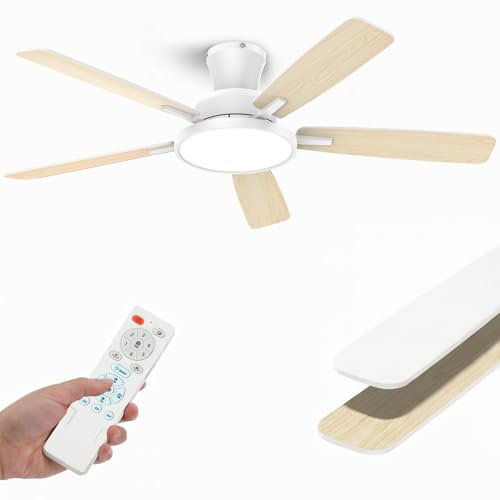 Taloya 52 Inch Ceiling Fans with Lights and Remote, Modern LED Night Light Dimmable, Timing 6 Speeds, 3000-6500K, Reversible Ultra Silent Powerful Large Fan for Bedroom Living Room Office, White