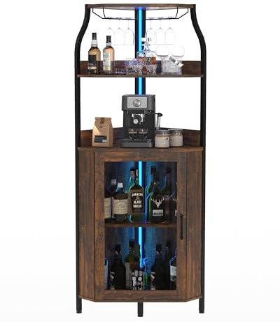 Armario de Vino Esquinero con Luces LED, Mueble Bar Industrial de 5 Niveles, Toma de carga lateral, Puerta de vidrio, estantes ajustables y soporte para copas, ideal para salón o comedor, Marrón