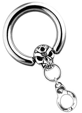 Piersando Piercing Ring Hufeisen Handschellen mit Anhänger und Totenkopf für Septum Brust Tragus Helix Nase Lippe Ohr Intim Nippel Silber 1,6 x 12mm