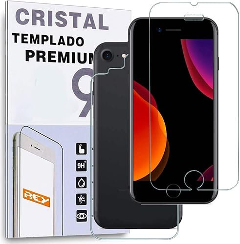 REY Protector de Pantalla Delantero + Trasero para iPhone 7 / iPhone 8 / iPhone SE 2020, Cristal Vidrio Templado Premium