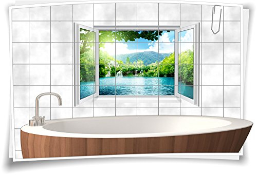 Medianlux Fliesenaufkleber Fliesenbild Fliesen See Wasserfall Insel Aufkleber Bad Deko WC Badezimmer Dekoration, 90x60cm, 15x20cm (BxH)