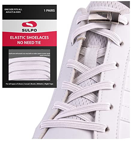 Sulpo Lacets élastiques sans laçage avec fermoir en métal pour toutes les chaussures - Blanc - Blanc.,