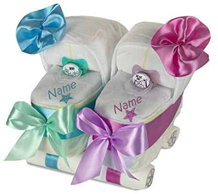 Windeltorte Zwillingswagen blau/rosa - Geschenk für Zwillinge Geschwister - Windelkinderwagen + 2 x Babylätzchen mit Name
